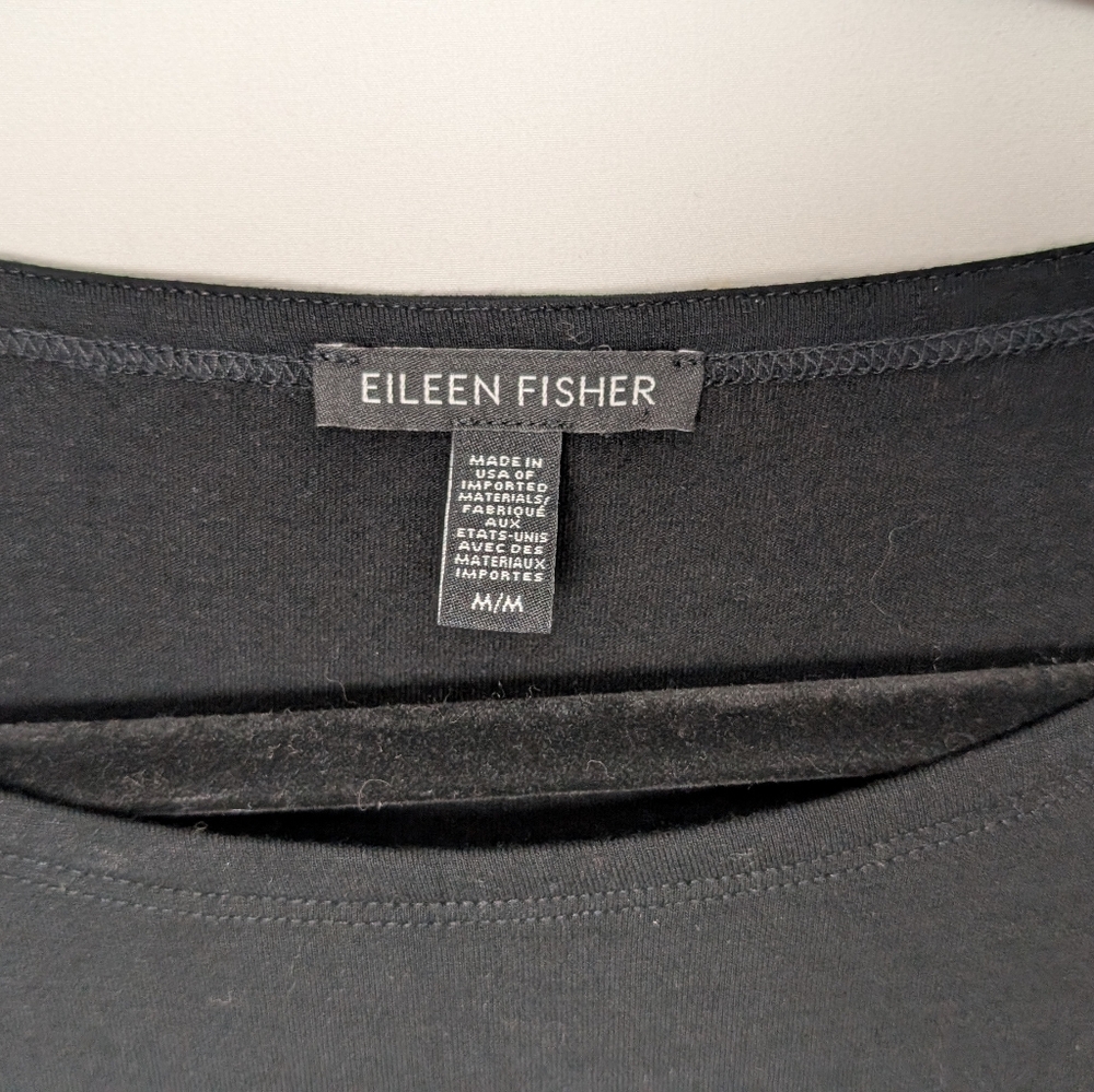 EILEEN FISHER Sz M Black Stretch Knit Shift Dress V Neck 3/4 Sleeves Knee Length - Picture 11 of 13